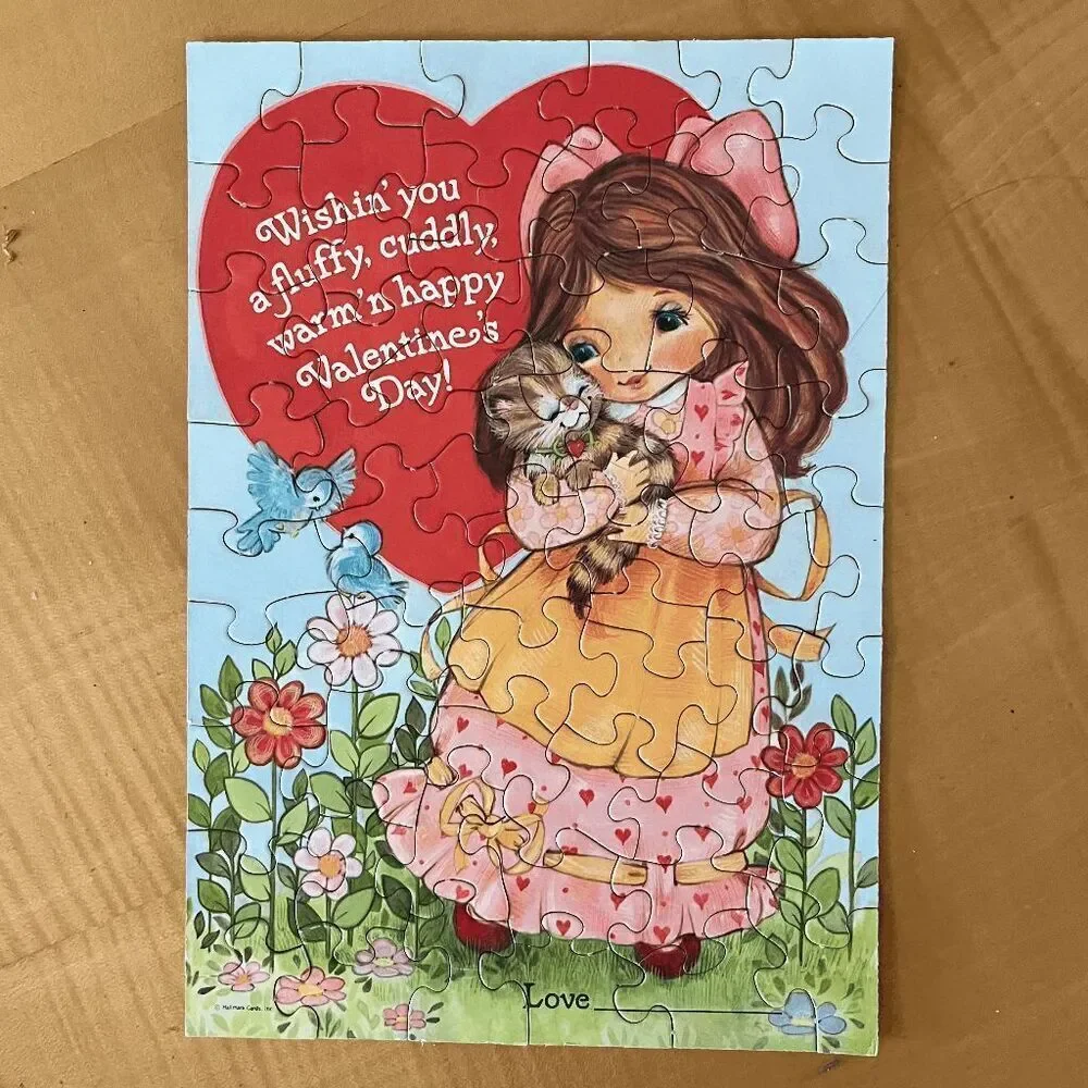 VTG Hallmark Valentine’s Day Puzzle Girl Cat 1970s 7.25x10.25 Complete